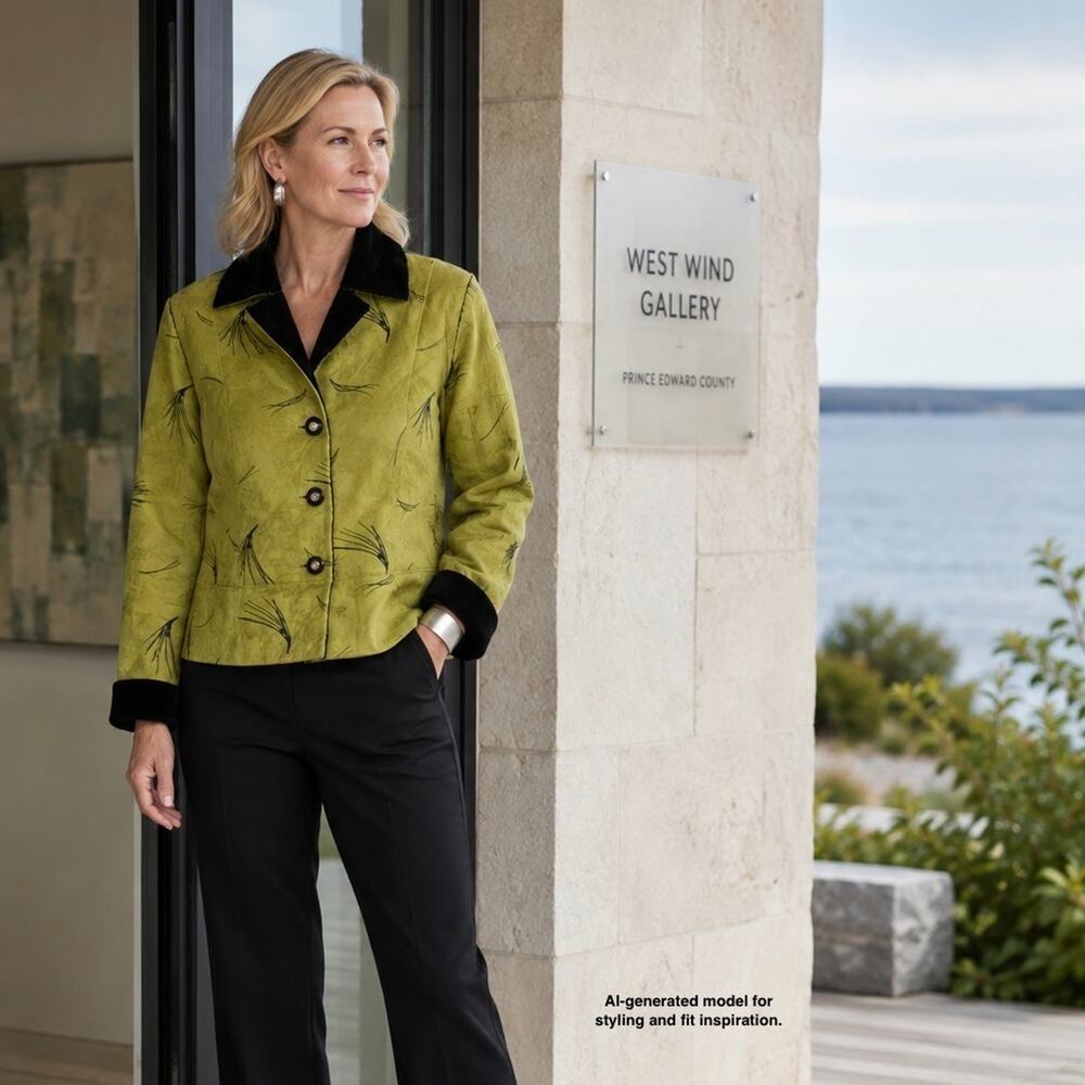 Robert Kitchen Faux Suede Jacket Size L Chartreuse Green Plush Black Art to Wear